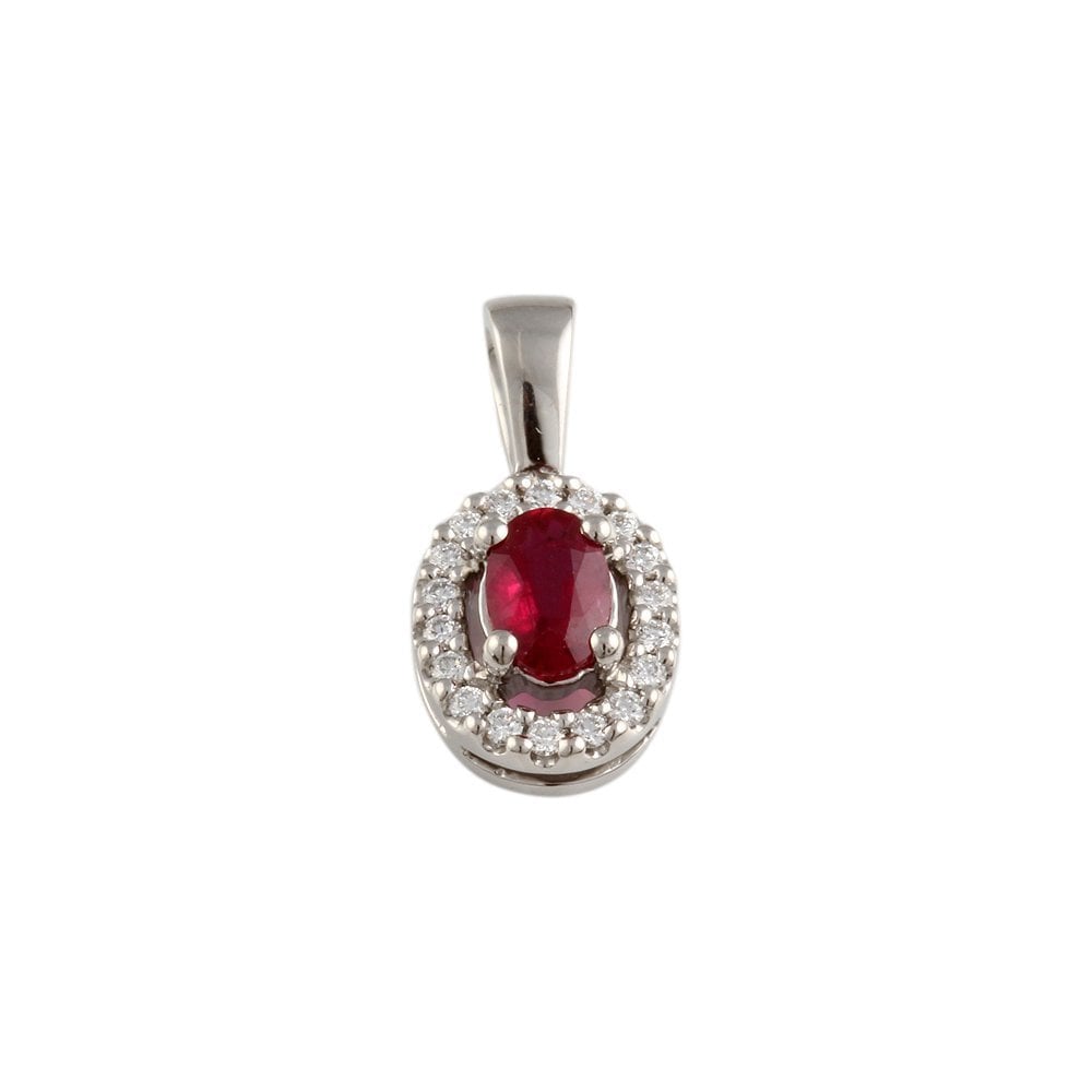9ct White Gold 0.13ct Round Brilliant Cut Diamonds and 0.54ct Oval Ruby Cluster Pendant
