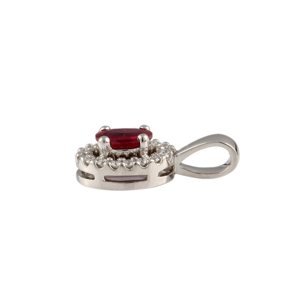 9ct White Gold 0.13ct Round Brilliant Cut Diamonds and 0.54ct Oval Ruby Cluster Pendant