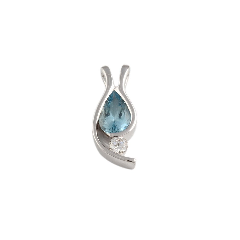 9ct White Gold 0.19ct Round Brilliant and 1.14ct Pear Shaped Aquamarine Two Stone Pendant