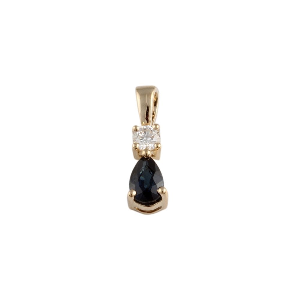 9ct Yellow Gold 0.12ct Round Brilliant Cut Diamond and 0.51ct Pear Shaped Blue Sapphire Drop Pendant