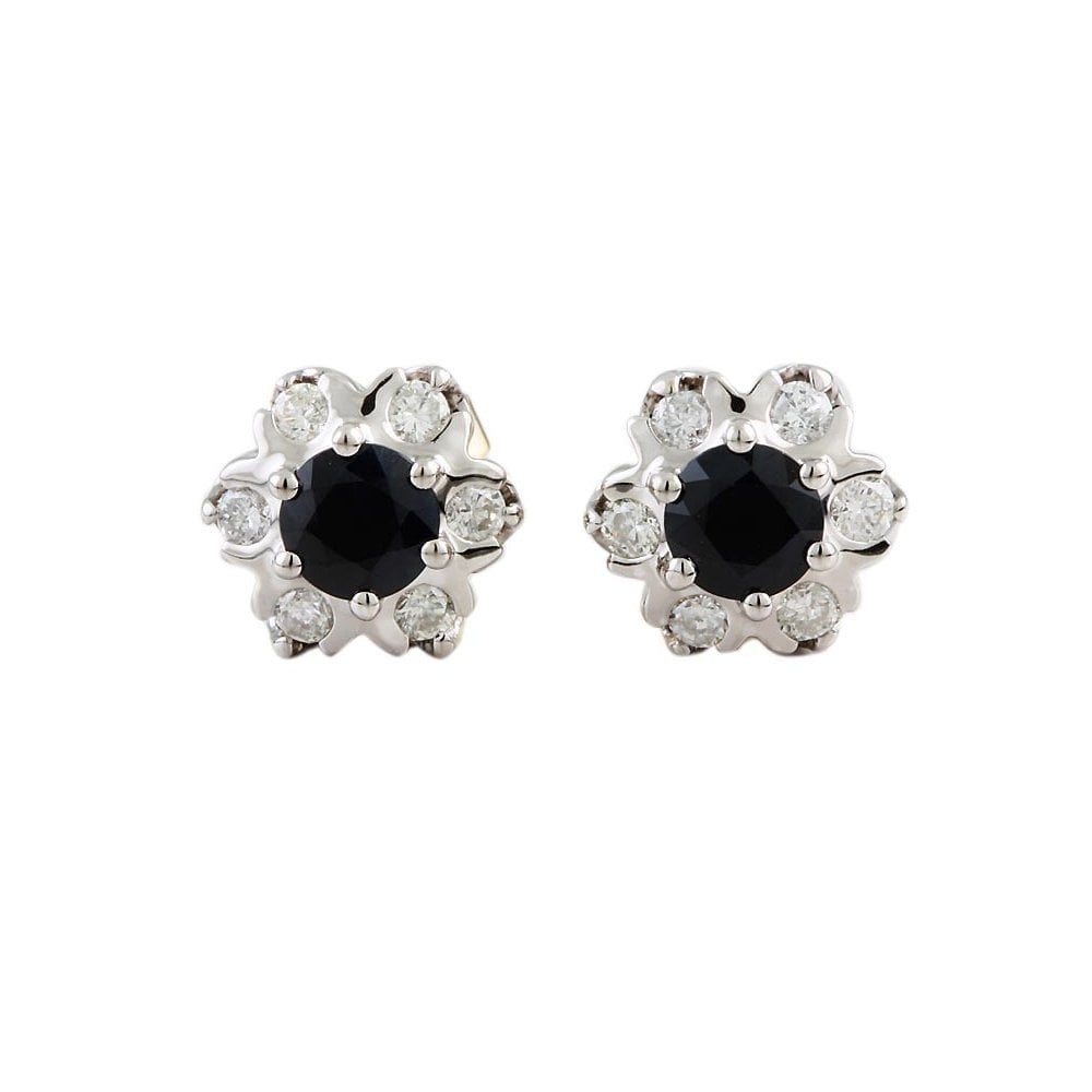 9ct Yellow and White Gold 0.38ct Round Brilliant Cut Diamond and 1.20ct Round Blue Sapphire Cluster Earrings