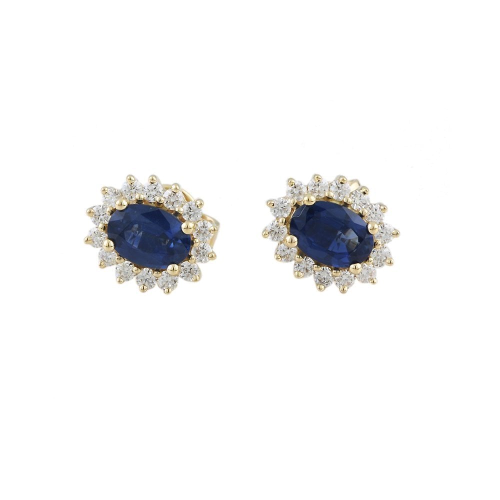 9ct Yellow Gold 0.49ct Round Brilliant Cut Diamond and 1.57ct Oval Sapphire Cluster Earrings