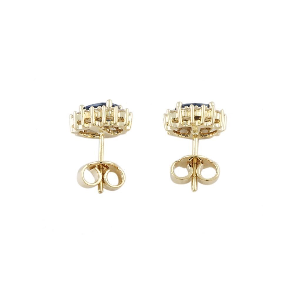 9ct Yellow Gold 0.49ct Round Brilliant Cut Diamond and 1.57ct Oval Sapphire Cluster Earrings