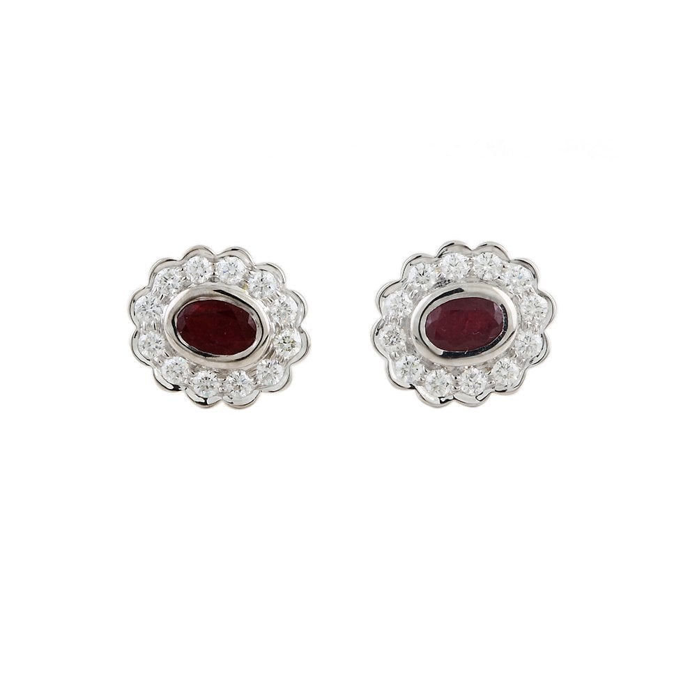 9ct Yellow and White Gold 0.59ct Round Brilliant Cut Diamond and 1.17ct Oval Ruby Cluster Earrings