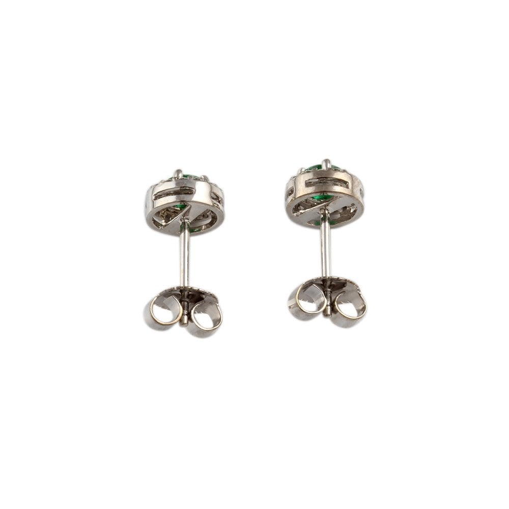 9ct White Gold 0.20ct Round Brilliant Cut Diamond and 0.45ct Round Emerald Cluster Stud Earrings