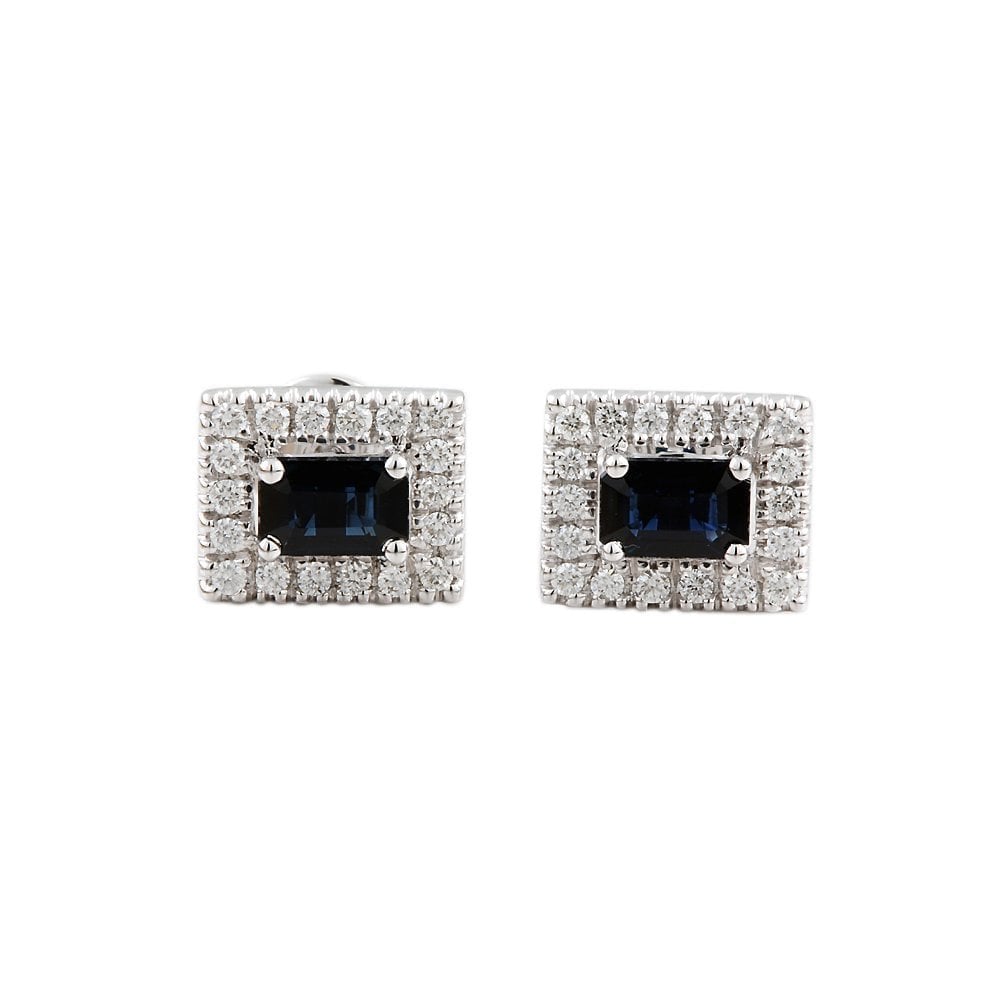 9ct White Gold 0.37ct Round Brilliant Cut Diamond and 1.31ct Emerald Shaped Blue Sapphire Cluster Stud Earrings