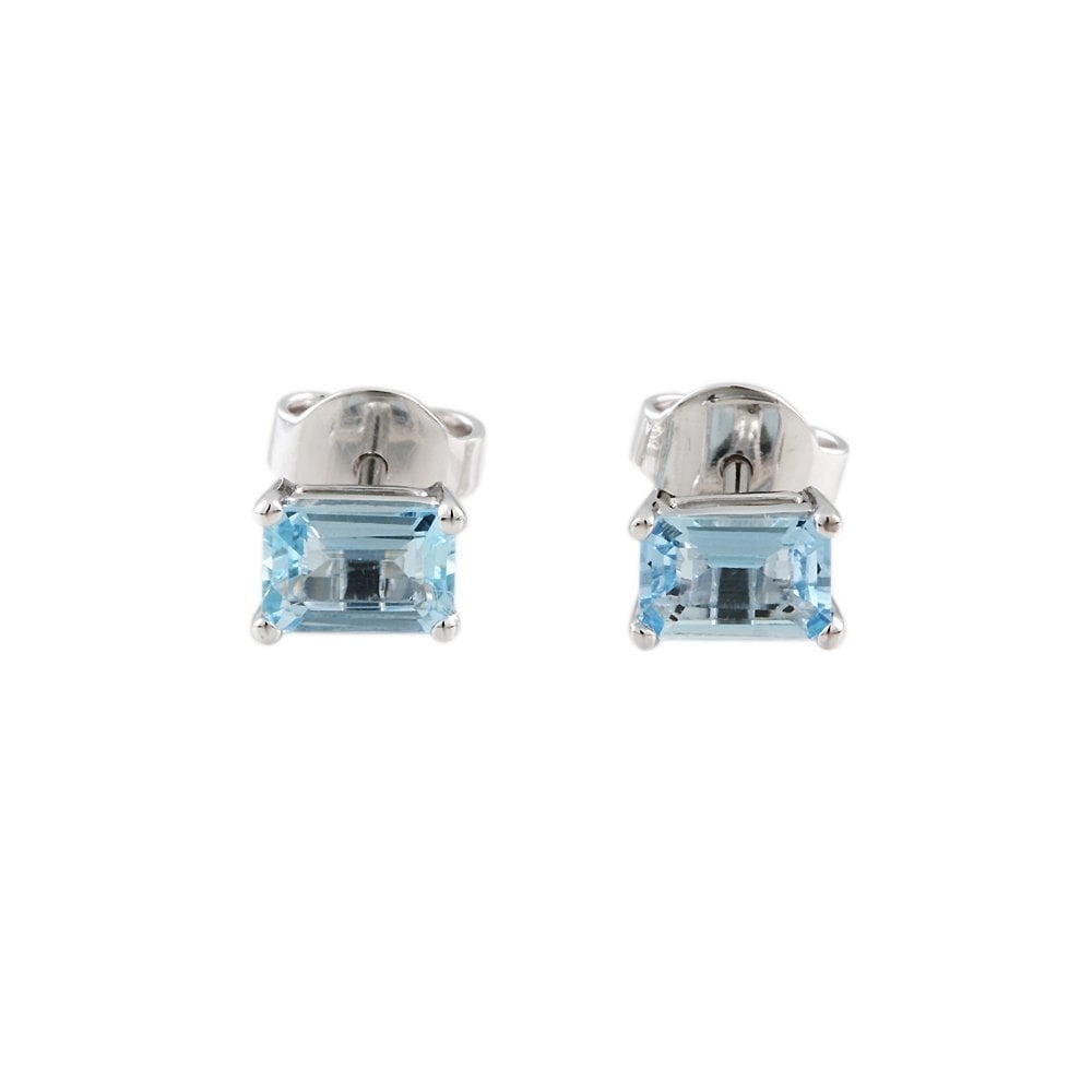 9ct White Gold 1.04ct Emerald Shaped Aquamarine Single Stone Stud Earrings