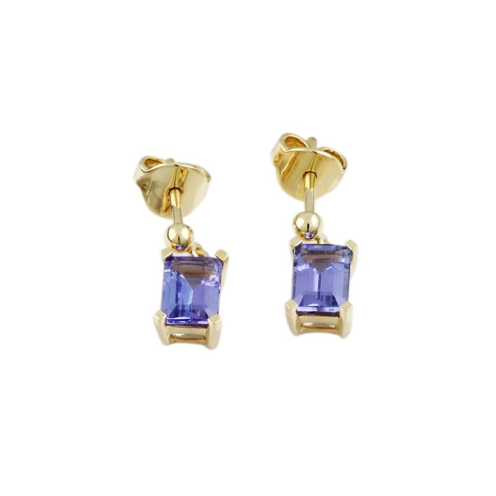 9ct Yellow Gold 2.10ct Emerald Shaped Tanzanite Single Stone Drop Earrings