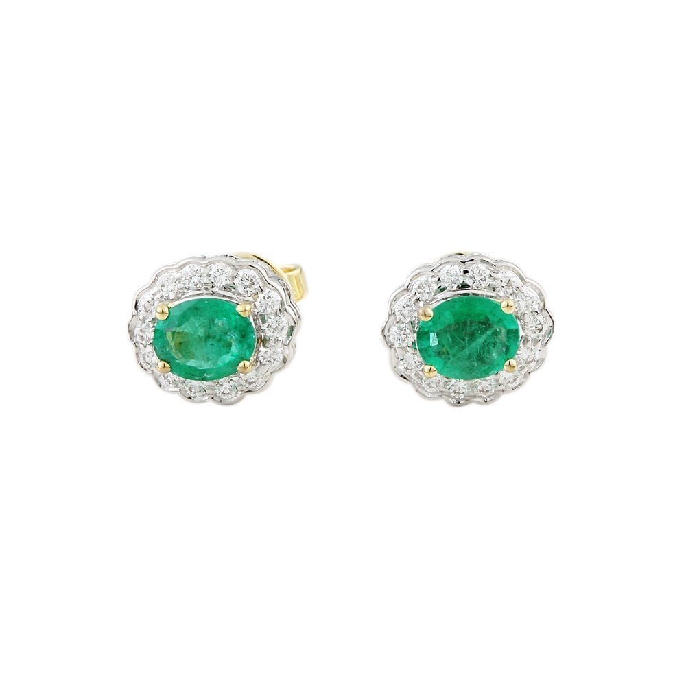 9ct Yellow White Gold 0.33ct Round Brilliant Cut Diamond and 0.95ct Oval Emerald Cluster Earrings