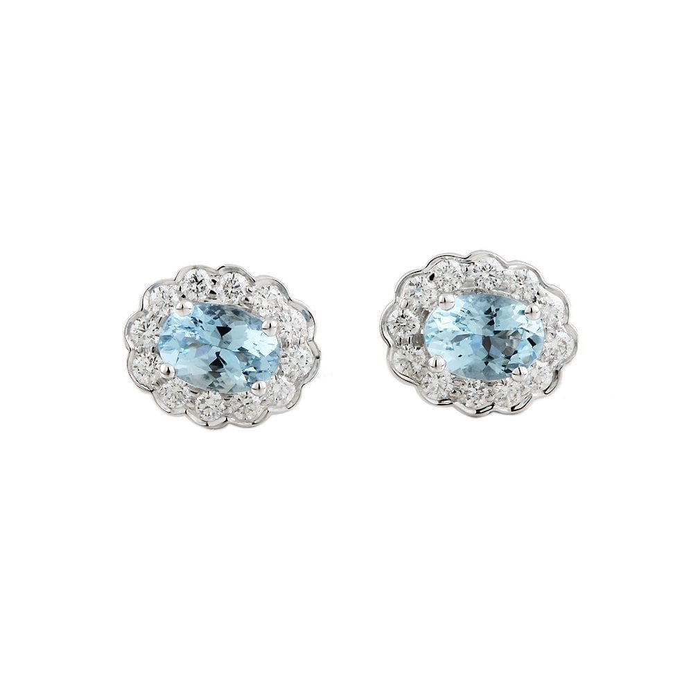 9ct White Gold 0.62ct Round Brilliant Cut Diamond and 1.50ct Oval Aquamarine Cluster Earrings