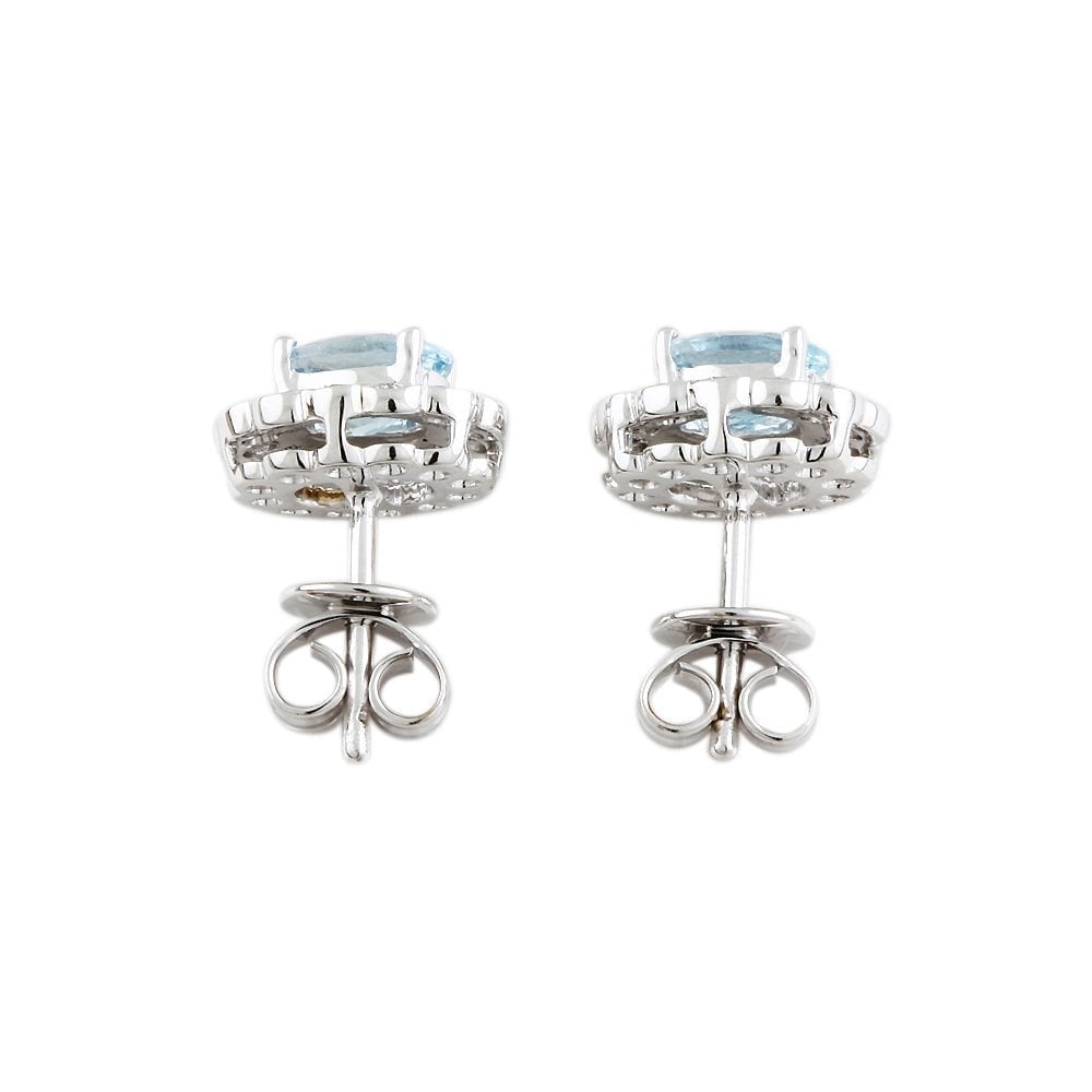 9ct White Gold 0.62ct Round Brilliant Cut Diamond and 1.50ct Oval Aquamarine Cluster Earrings