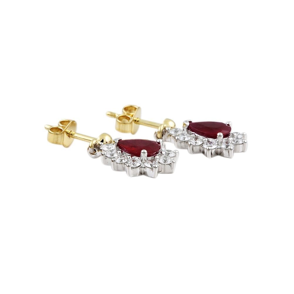 9ct Yellow White Gold 1.24ct Round Brilliant Cut Diamond and 2.05ct Pear Ruby Cluster Style Drop Earrings