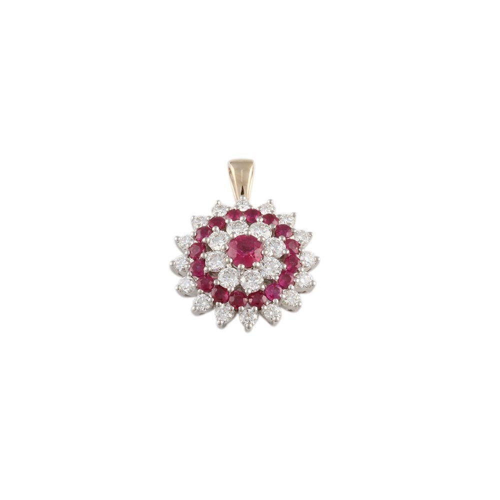 9ct Yellow and White Gold 1.30ct Round Brilliant Cut Diamonds and 1.33ct Round Ruby Cluster Pendant