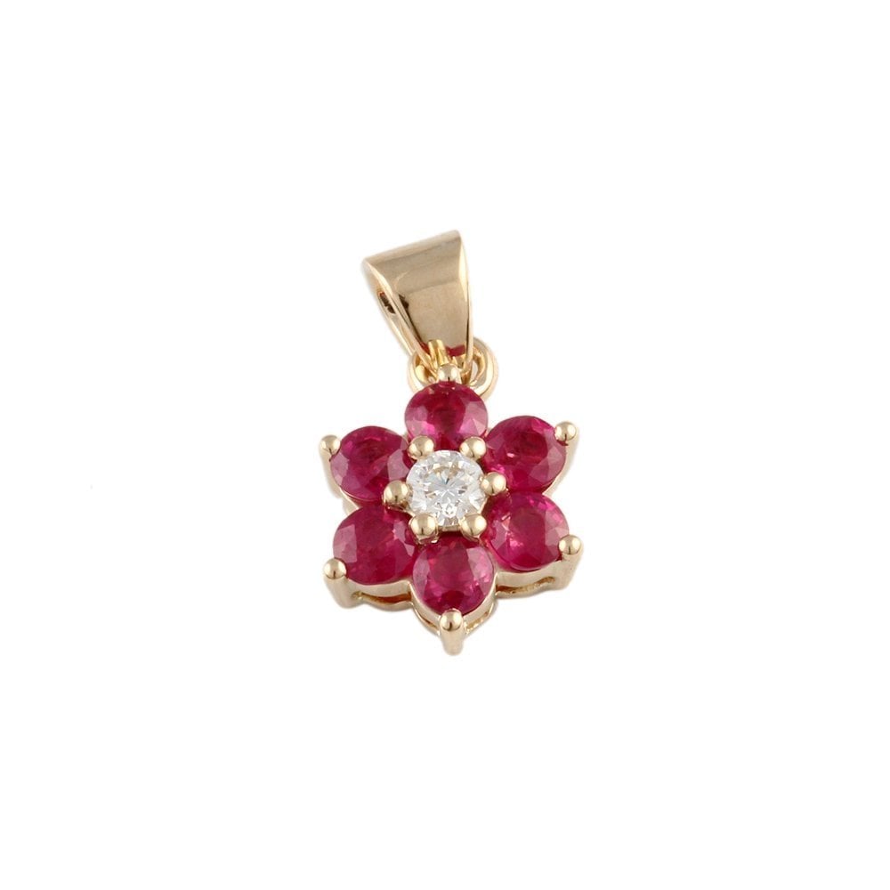 9ct Yellow Gold 0.10ct Round Brilliant Cut Diamond and 0.86ct Round Ruby Cluster Pendant