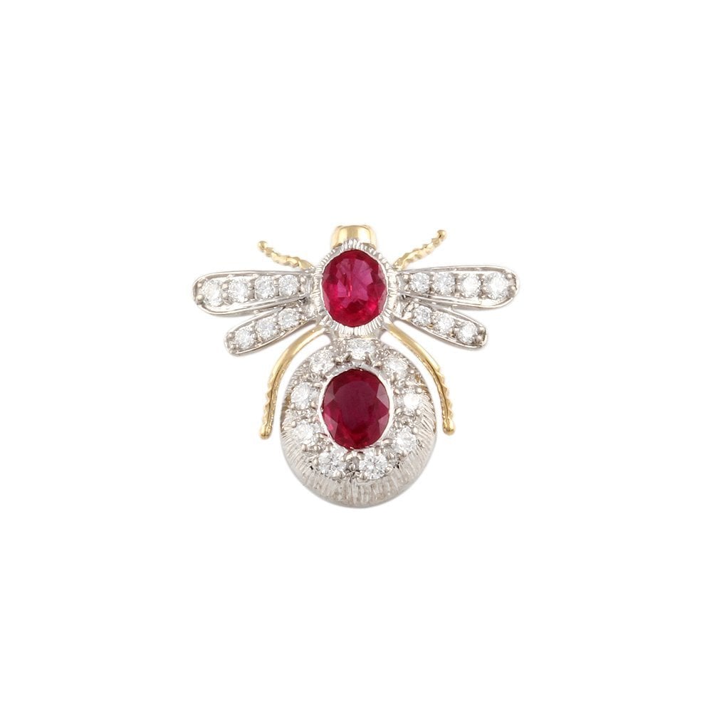 9ct Yellow and White Gold 0.34ct Round Brilliant Cut Diamonds and 0.68ct Oval Ruby Bee Pendant