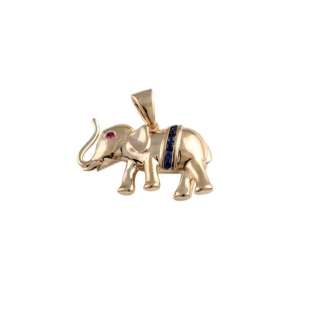 9ct Yellow Gold 0.01ct Round Ruby and 0.09ct Round Blue Sapphires Elephant Pendant