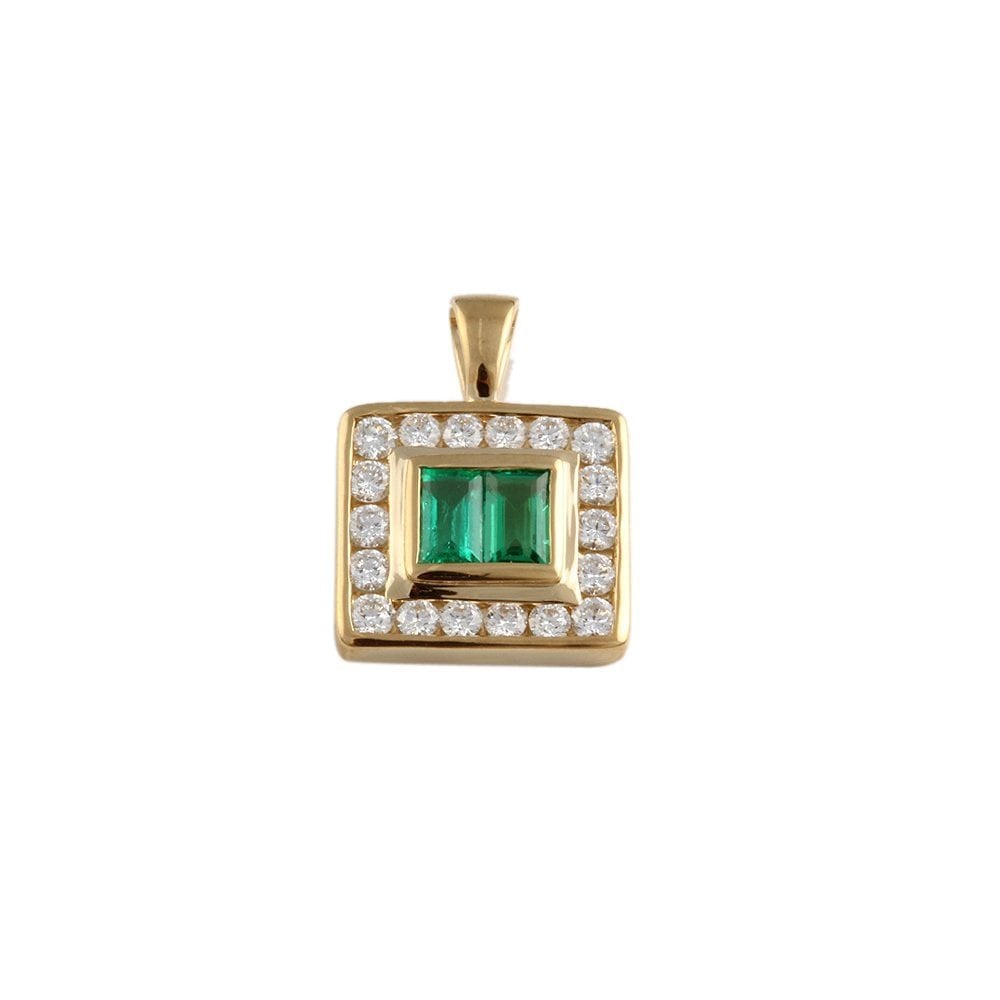 9ct Yellow Gold 0.61ct Round Brilliant Cut Diamonds and 0.50ct Baguette Emeralds Cluster Pendant