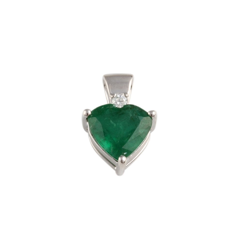 9ct White Gold 0.03ct Round Brilliant Cut Diamond and 1.56ct Heart Shape Emerald Heart Pendant