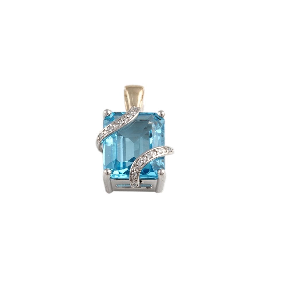 9ct Yellow and White Gold 0.04ct Round Brilliant Cut Diamonds and 6.58ct Emerald Cut Blue Topaz Pendant