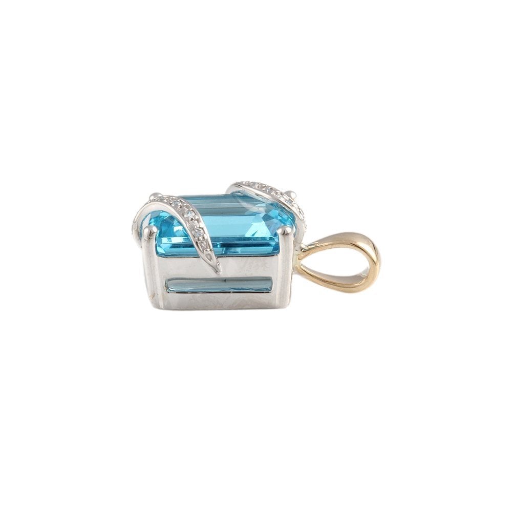 9ct Yellow and White Gold 0.04ct Round Brilliant Cut Diamonds and 6.58ct Emerald Cut Blue Topaz Pendant