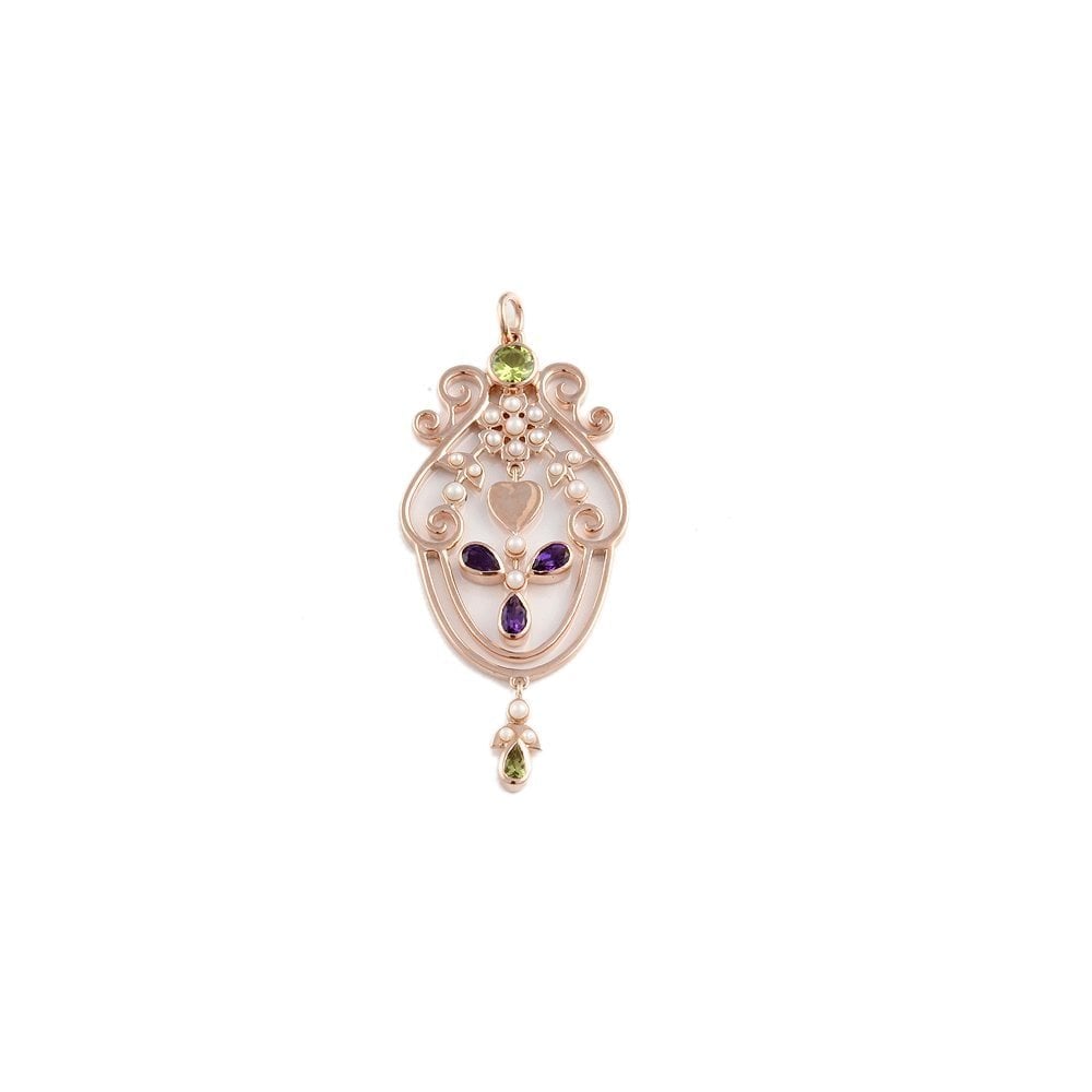 9ct Rose Gold 0.66ct Pear Amethyst, 0.74ct Pearl and 0.65ct Peridot Fancy Pendant