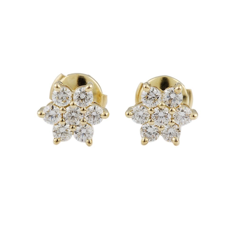 Yellow Gold 1.09ct Round Brilliant Cut Diamond Cluster Earrings