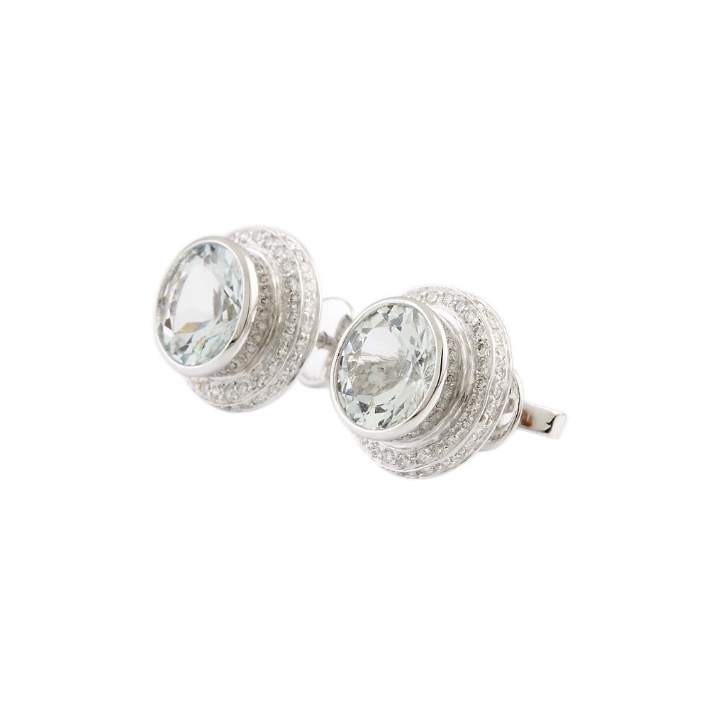White Gold 0.42ct Round Brilliant Cut Diamond and 3.13ct Round Aquamarine Cluster Earrings