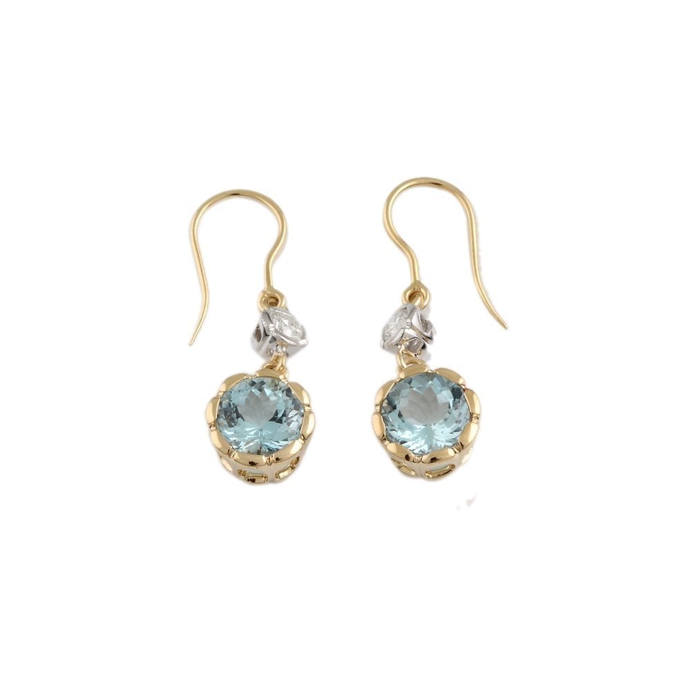 Yellow White Gold 0.53ct Round Brilliant Cut Diamond and 5.55ct Round Aquamarine Drop Earrings