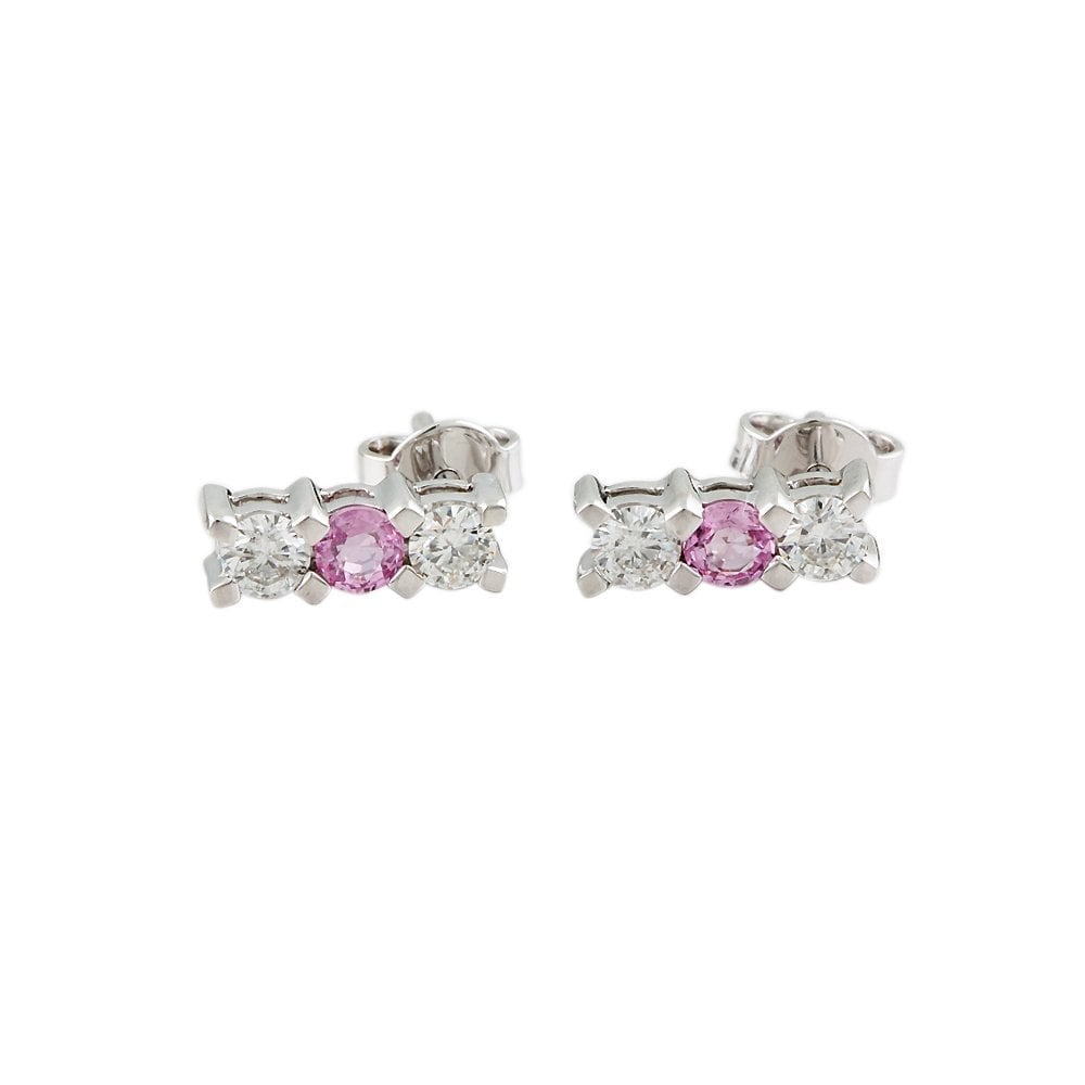 White Gold 0.59ct Round Brilliant Cut Diamond and 0.41ct Round Pink Sapphire Three Stone Drop Earrings
