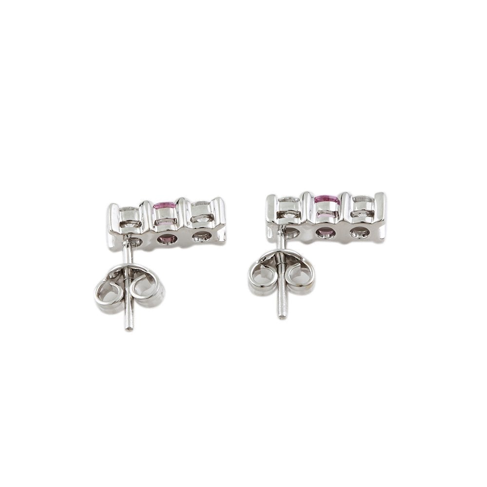 White Gold 0.59ct Round Brilliant Cut Diamond and 0.41ct Round Pink Sapphire Three Stone Drop Earrings