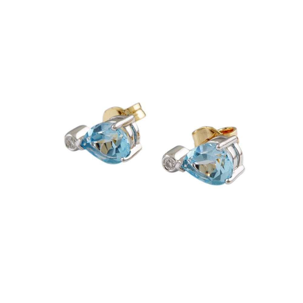 Yellow White Gold 0.05ct Round Brilliant Cut Diamond and 3.14ct Pear Blue Topaz Two Stone Drop Earrings