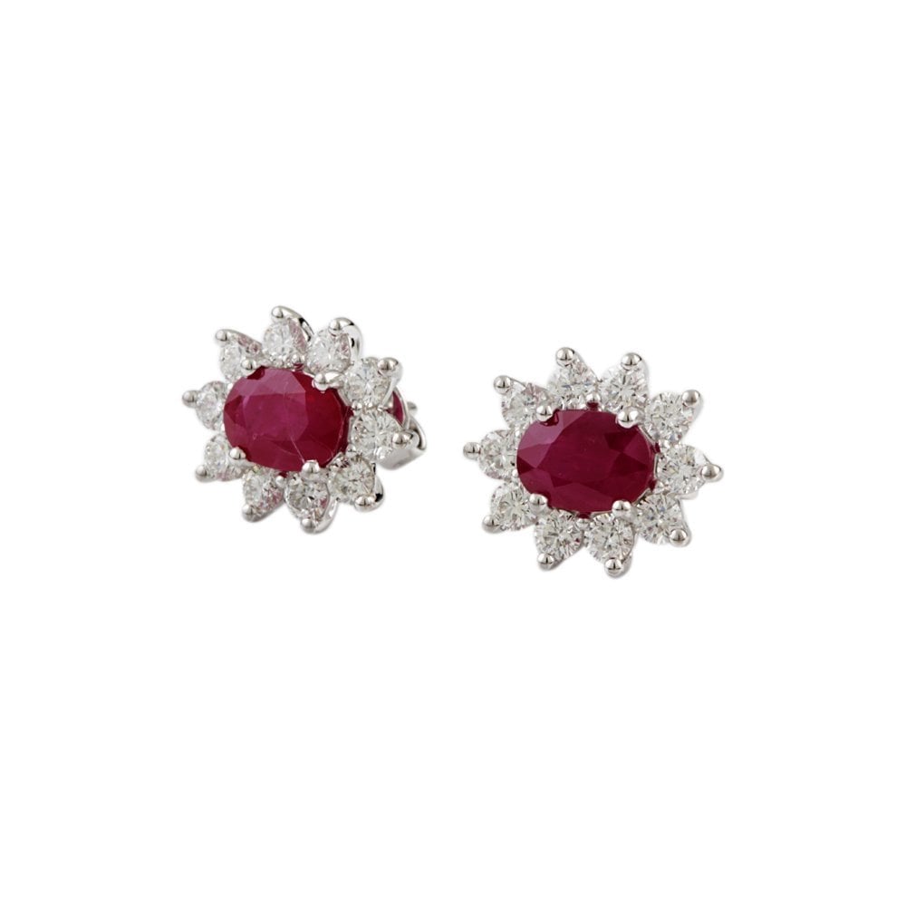 White Gold 1.28ct Round Brilliant Cut Diamond and 2.35ct Oval Ruby Cluster Earrings