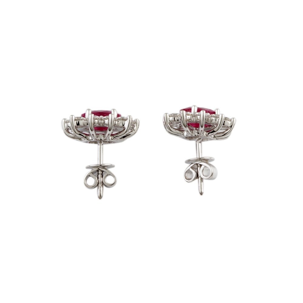 White Gold 1.28ct Round Brilliant Cut Diamond and 2.35ct Oval Ruby Cluster Earrings