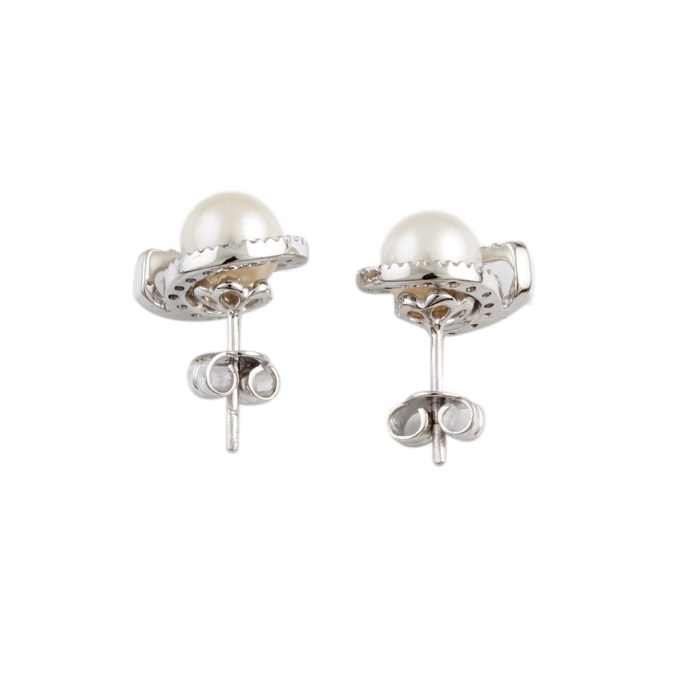 White Gold 0.41ct Round Brilliant Cut Diamond and 6mm Round Pearl Cluster Earrings