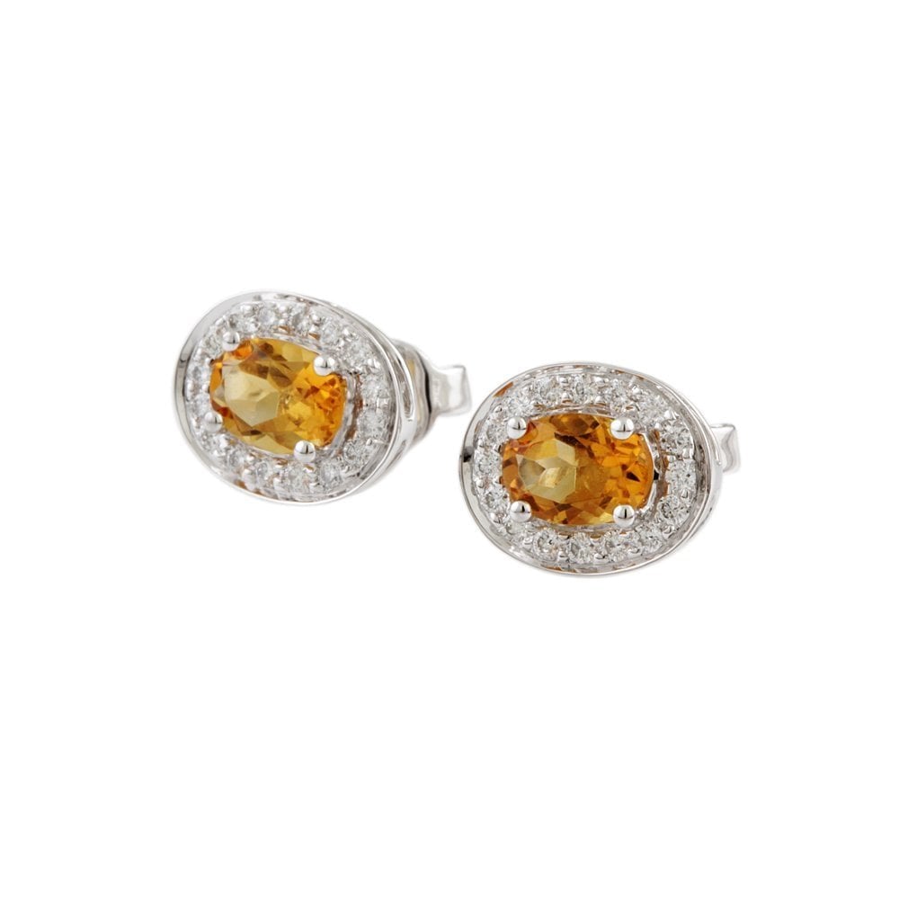 White Gold 0.36ct Round Brilliant Cut Diamond and 1.40ct Oval Citrine Cluster Earrings