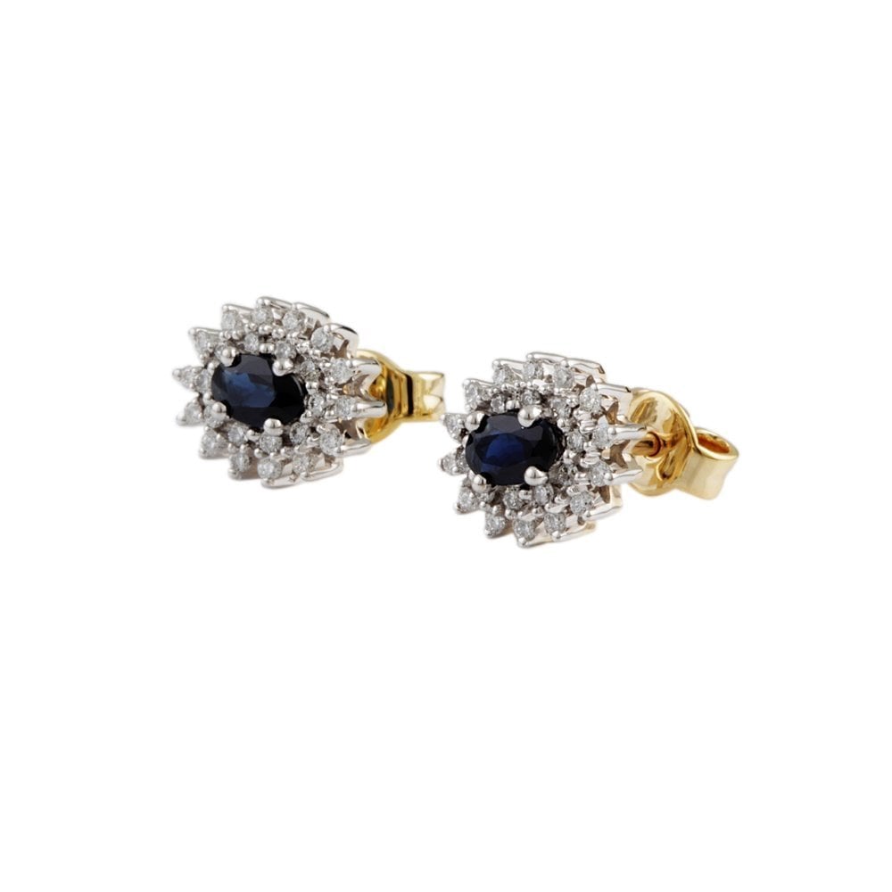 Yellow White Gold 0.27ct Round Brilliant Cut Diamond and 0.47ct Oval Blue Sapphire Cluster Earrings