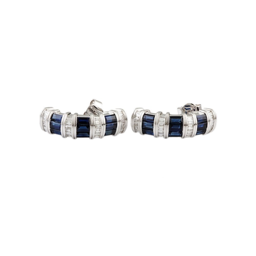 White Gold 0.72ct Baguette Cut Diamond and 3.56ct Baguette Cut Blue Sapphire Half Hoop Earrings