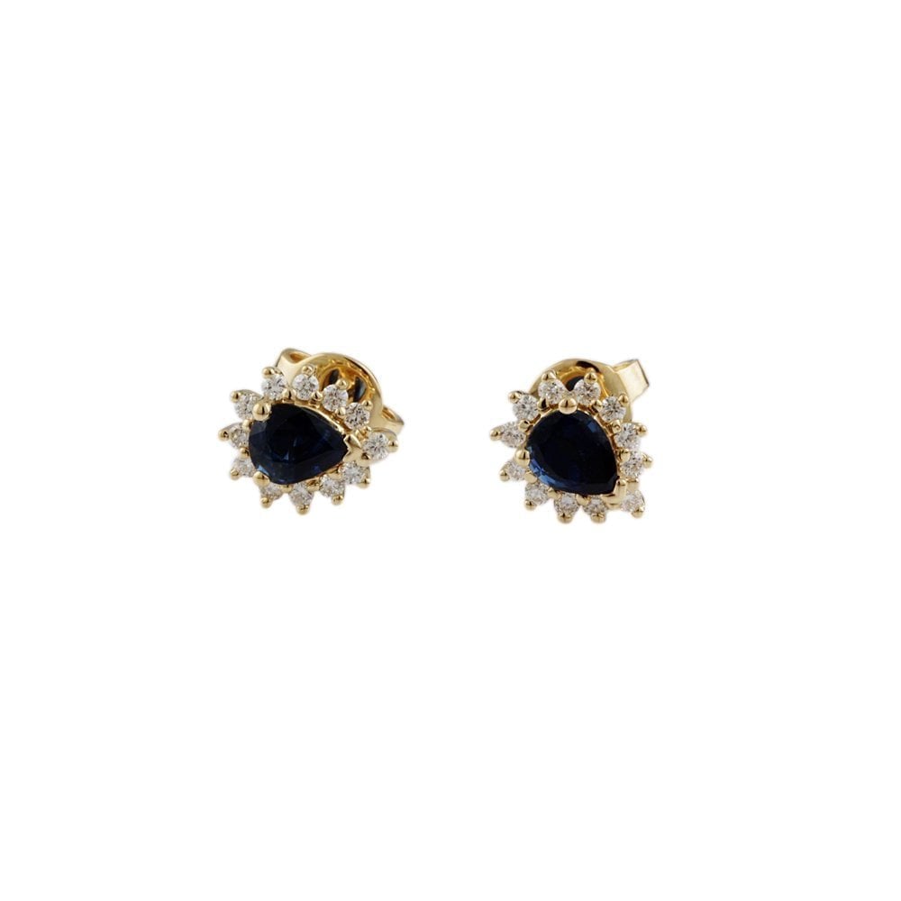 Yellow Gold 0.23ct Round Brilliant Cut Diamond and 0.99ct Pear Blue Sapphire Cluster Earrings