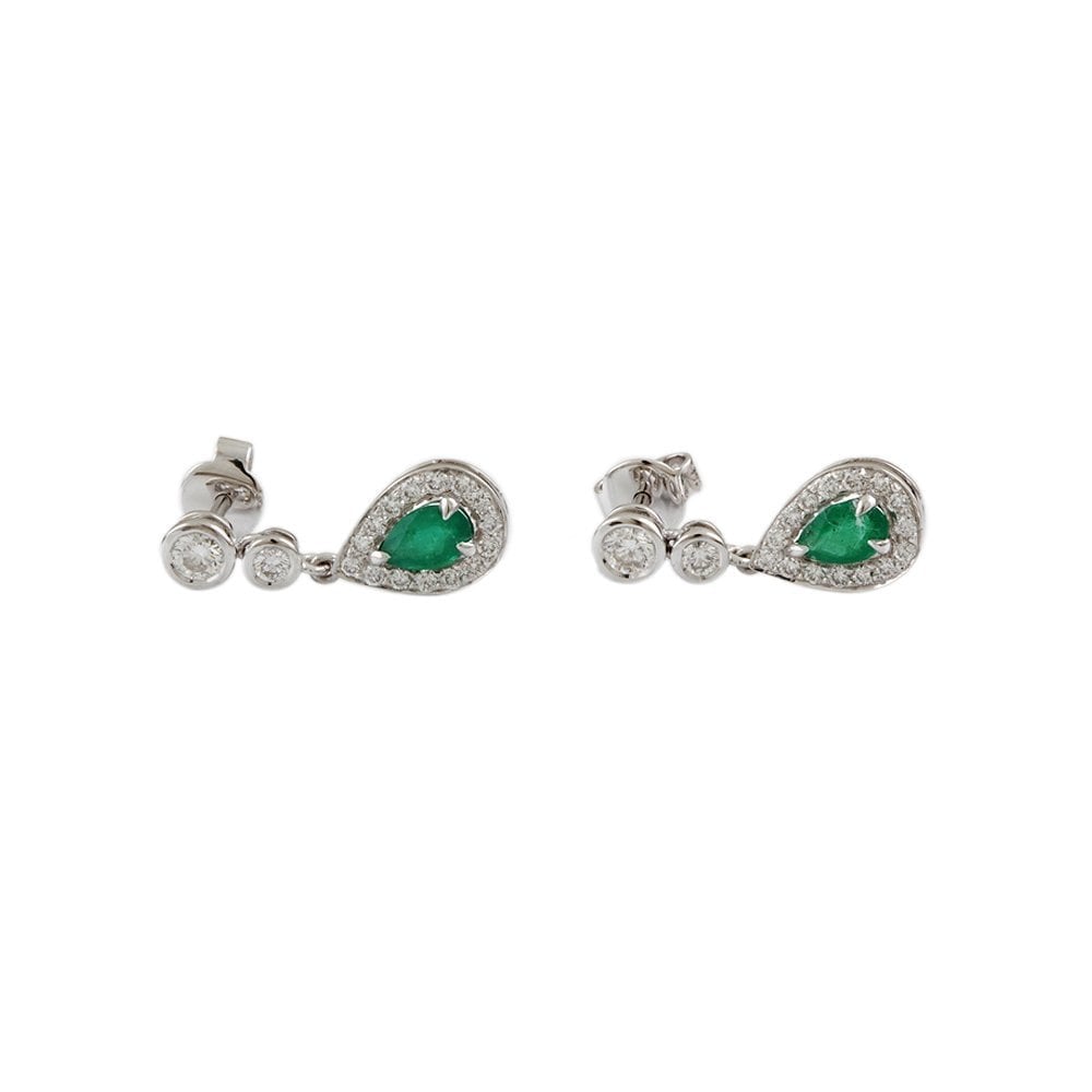 White Gold 0.75ct Round Brilliant Cut Diamond and 0.70ct Pear Emerald Cluster Style Drop Earrings