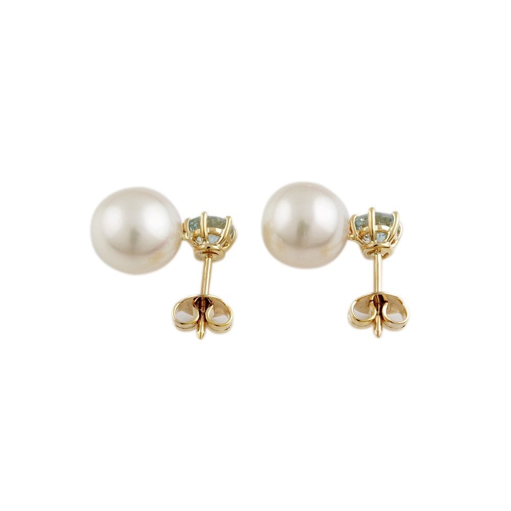 Yellow Gold 0.86ct Round Aquamarine and 11.70ct Round Pearl Drop Earrings