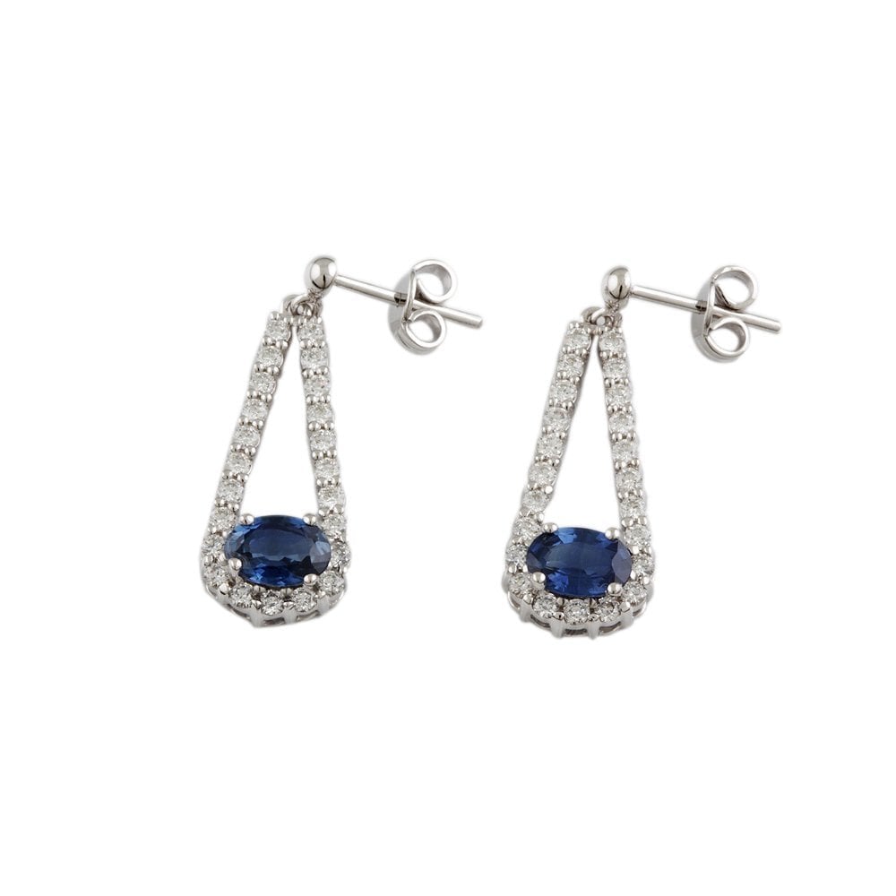 White Gold 0.92ct Round Brilliant Cut Diamond and 1.72ct Round Blue Sapphire Drop Earrings