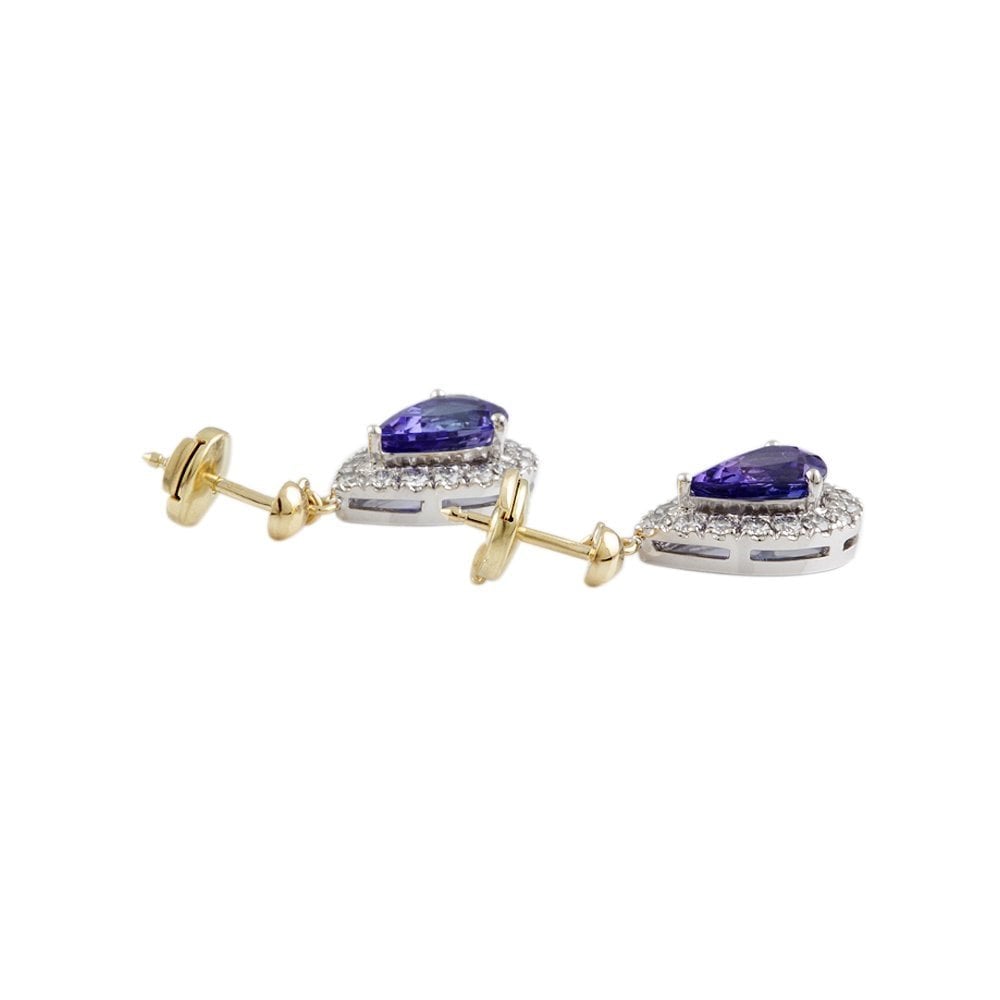 Yellow White Gold 1.01ct Round Brilliant Cut Diamond and 3.95ct Pear Tanzanite Cluster Style Drop Earrings