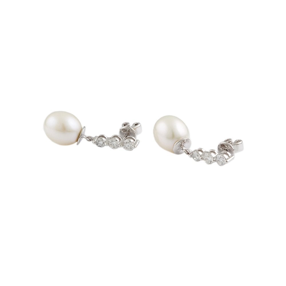 White Gold 0.53ct Round Brilliant Cut Diamond and 9mm Bomb Shaped Pearl Drop Earrings