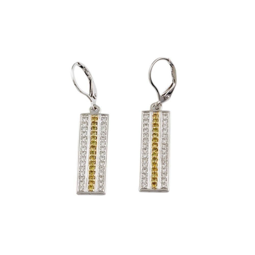 White Gold 0.65ct Round Brilliant Cut Diamond and 0.34ct Round Brilliant Cut Treated Yellow Diamond Drop Earrings