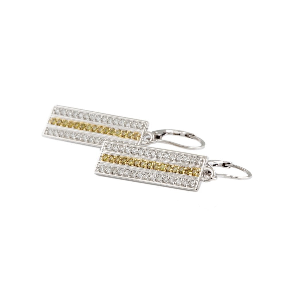 White Gold 0.65ct Round Brilliant Cut Diamond and 0.34ct Round Brilliant Cut Treated Yellow Diamond Drop Earrings