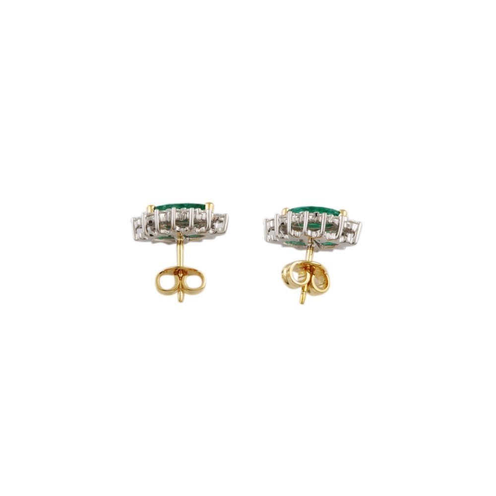 Yellow White Gold 0.50ct Round Brilliant Cut Diamond and 0.80ct Marquise Emerald Cluster Earrings