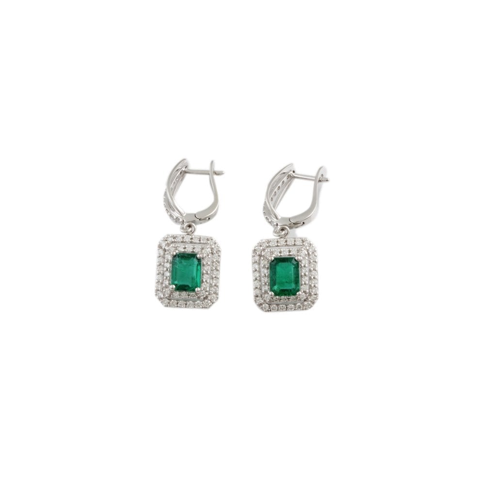 White Gold 1.12ct Round Brilliant Cut Diamond and 2.20ct Emerald Shaped Emerald Cluster Style Drop Earrings