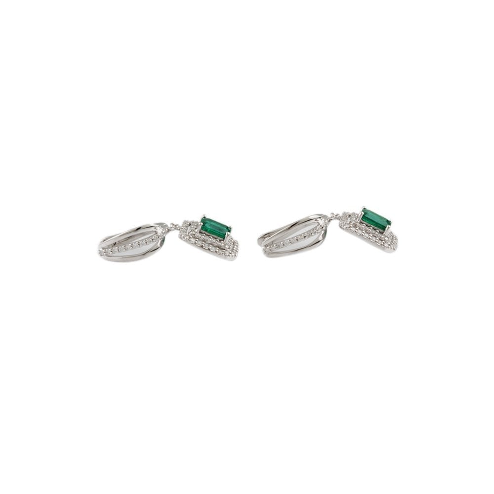 White Gold 1.12ct Round Brilliant Cut Diamond and 2.20ct Emerald Shaped Emerald Cluster Style Drop Earrings