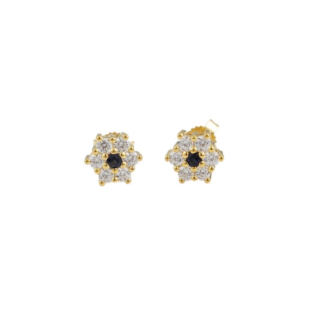 Yellow Gold 0.55ct Round Brilliant Cut Diamond and 0.12ct Round Blue Sapphire Cluster Earrings