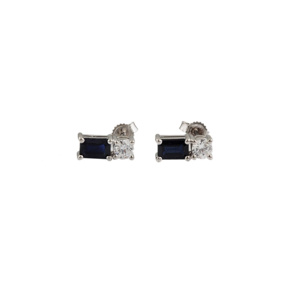 White Gold 0.50ct Round Brilliant Cut Diamond and 1.50ct Emerald Shaped Blue Sapphire Two Stone Stud Earrings